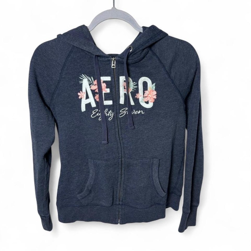 Aeropostale navy blue zip up hoodie with floral‎ design Size M #floral